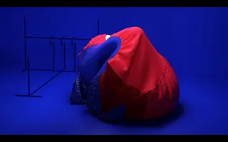 red and blue 3D sculpture and a metal construction