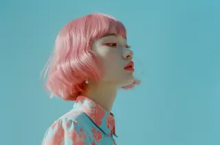 girl with pink hair and freckles, red lipstick blue sky