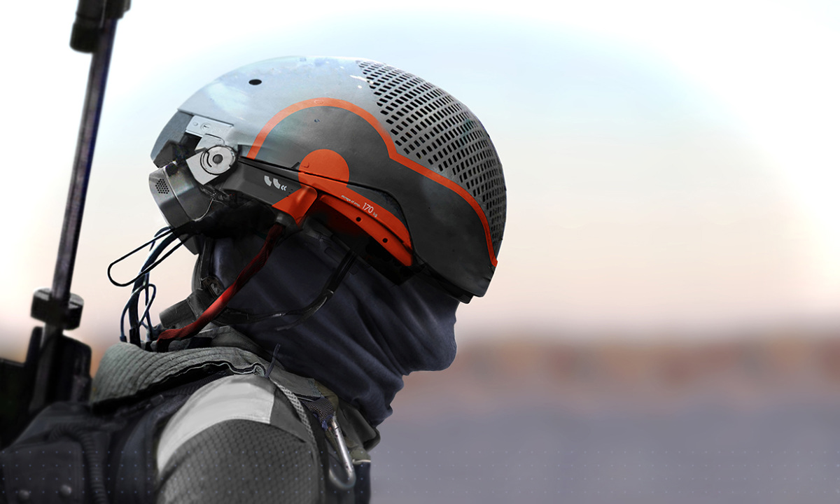 Character with red stripe helmet carrying weapon by Joseph Cross