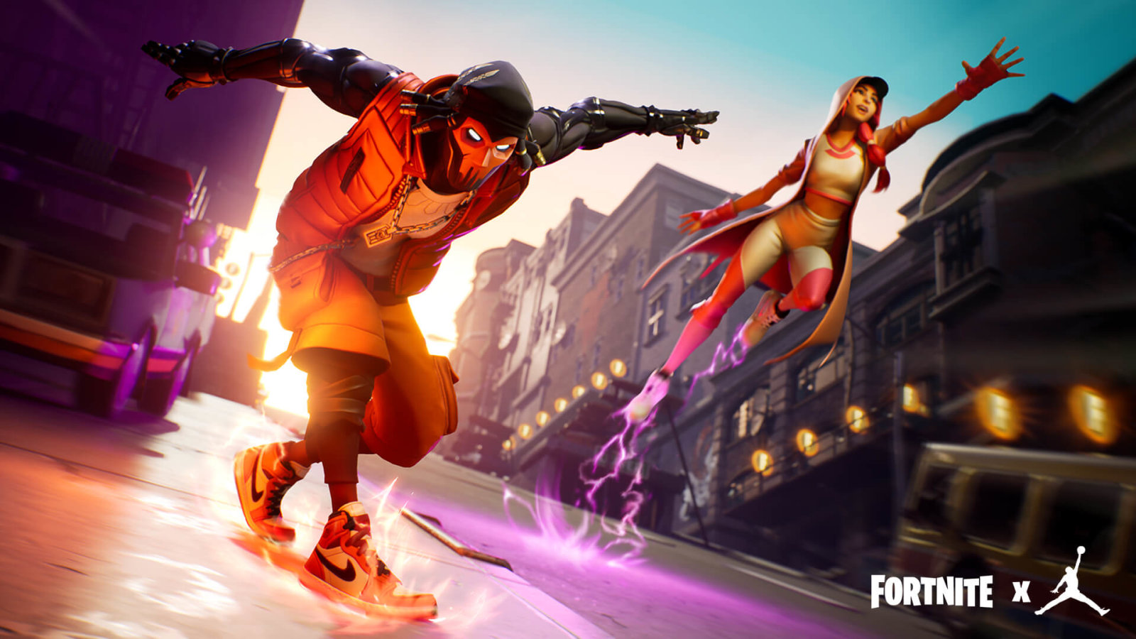 game characters jumping on a street wearing neon outfits