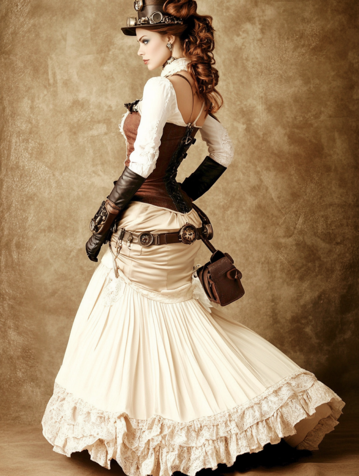 steampunk fashion woman with white dress and hat