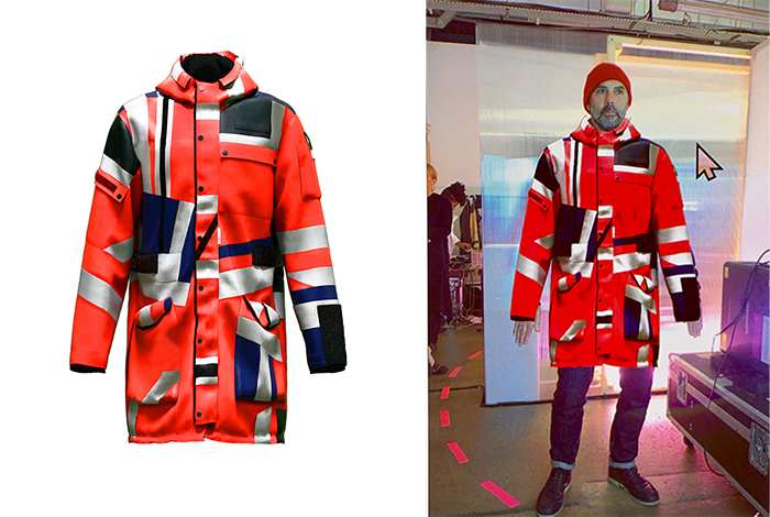 Man trying out virtual parka jacketin front of a backdrop in a store