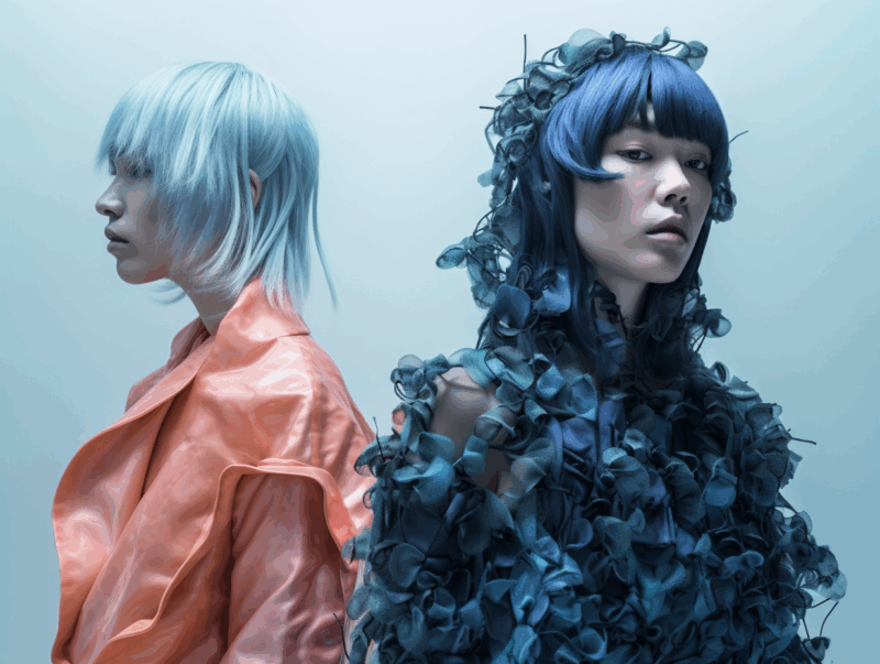 fashion cover pastel colors, duo portrait, hair with bangs